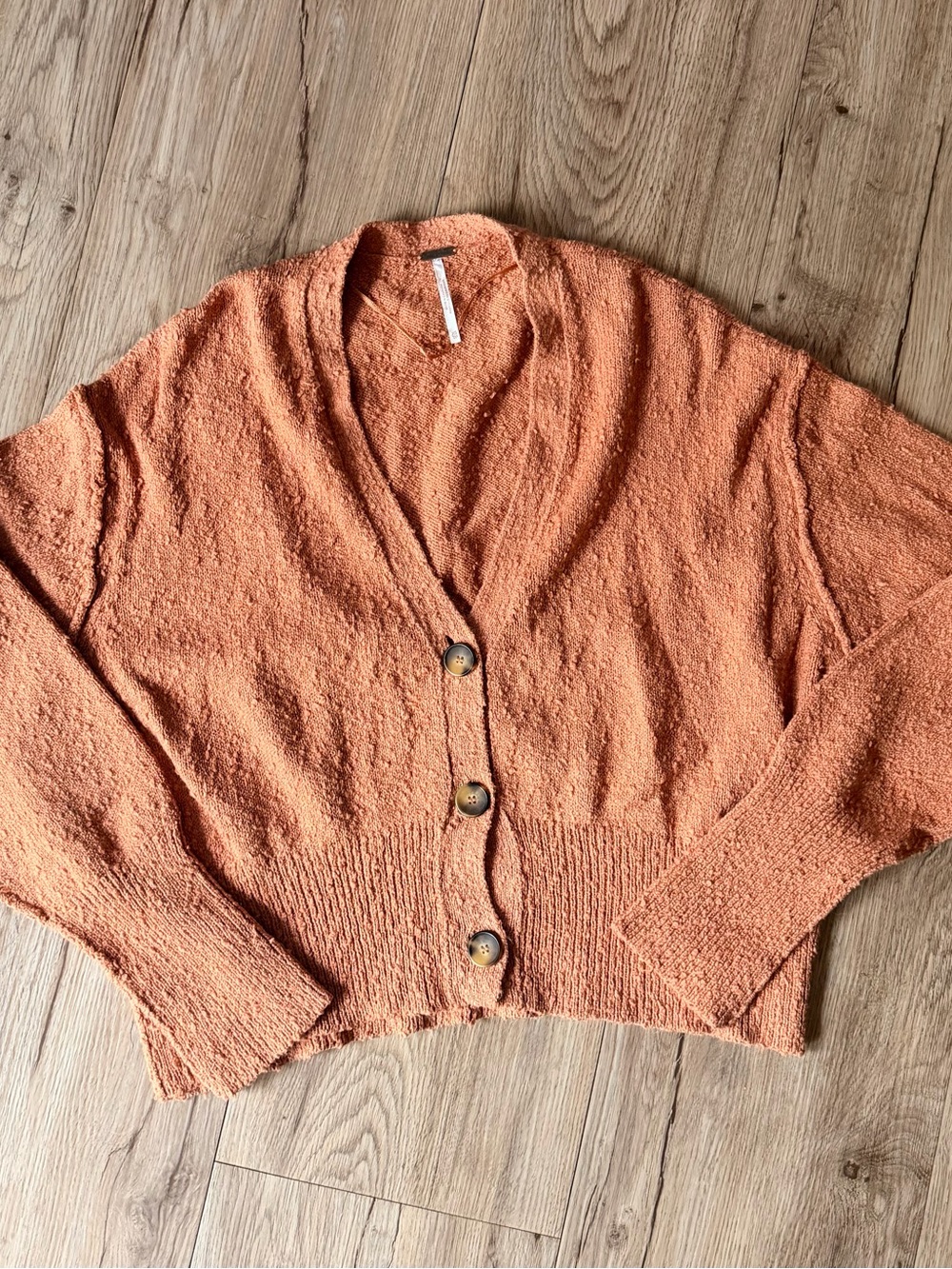 Free People Rust Orange Button-Front Bouclé Cardigan